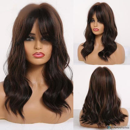 Lace Wig Com Franja Castanha Com Mechas 55cm