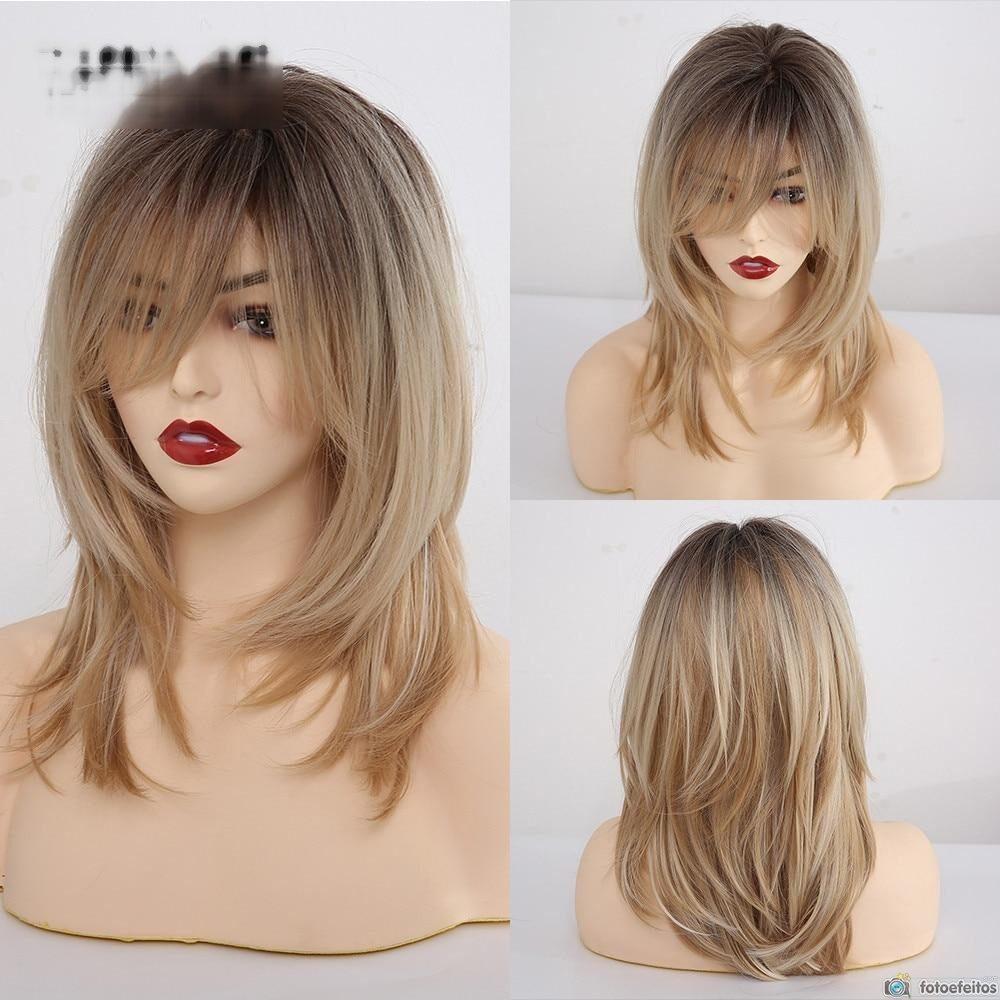 Lace Wig Com Franja Loiro Com Mechas 35cm